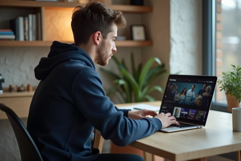 Jeune homme utilisant un ordinateur portable dans un bureau moderne