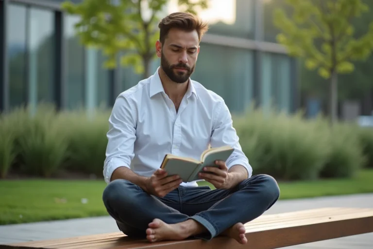 Homme en pleine réflexion lisant un journal dans un parc urbain