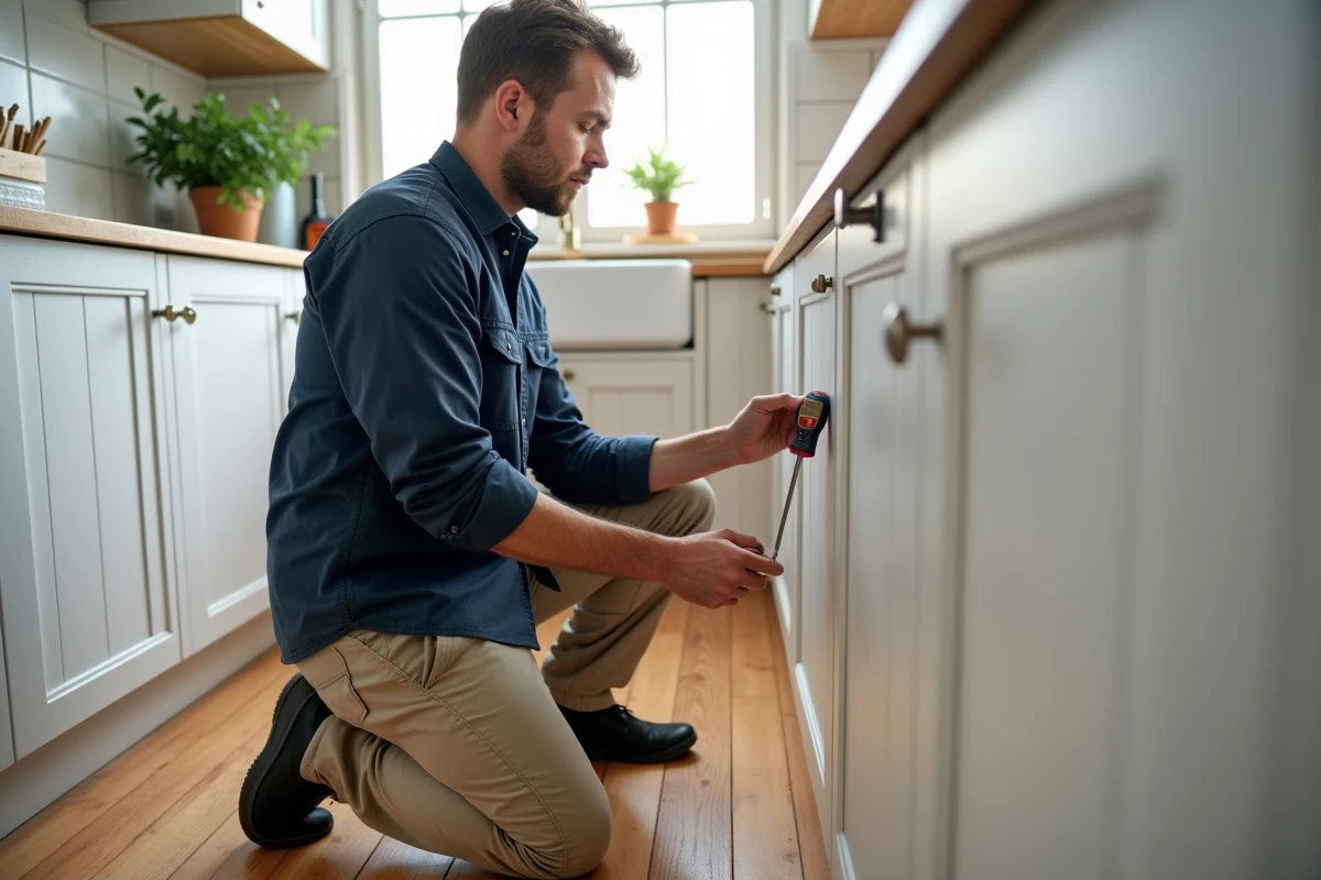 Homme réparant une charnière d'armoire de cuisine avec un tournevis, entretien maison