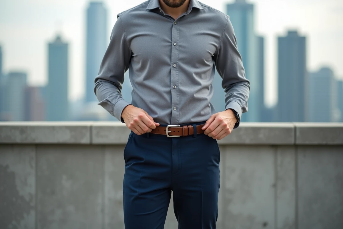 Homme ajustant sa ceinture créative en extérieur urbain