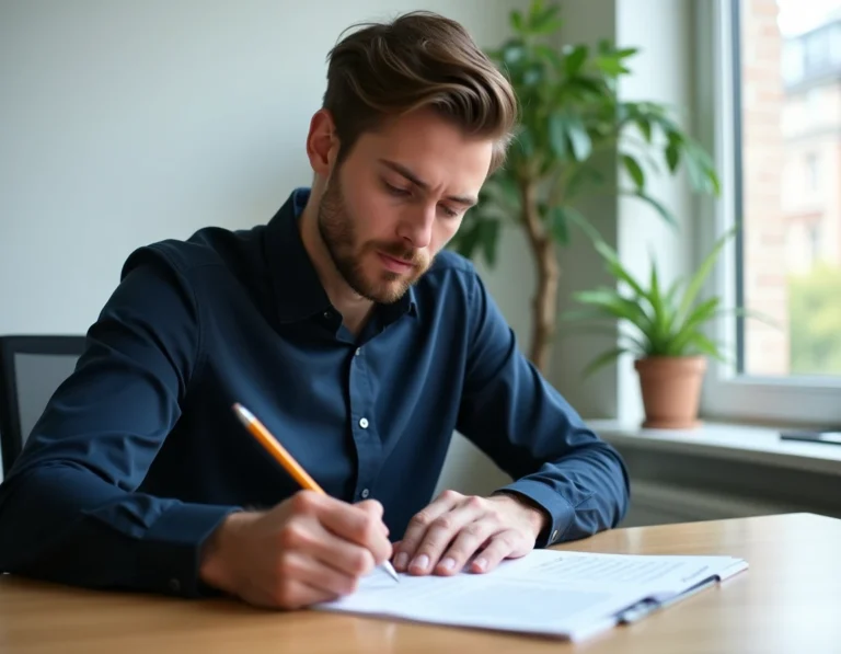 Homme concentré remplissant un test psychotechnique SNCF dans un bureau moderne