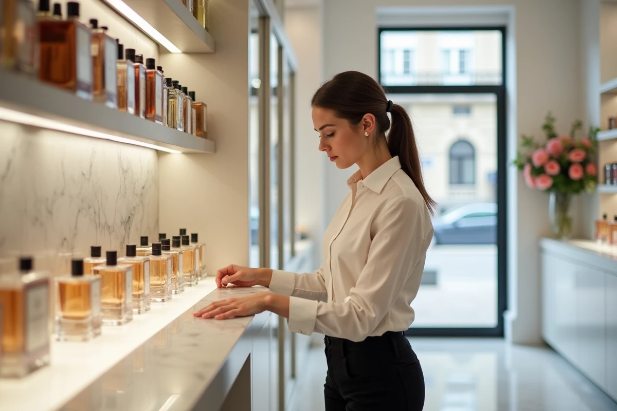 Jeune employée arrangeant flacons dans une boutique moderne