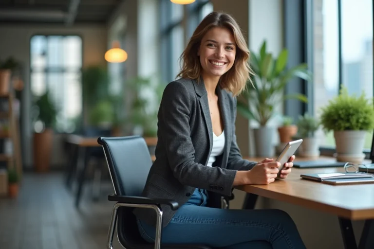 Jeune femme souriante avec tablette dans un espace coworking moderne