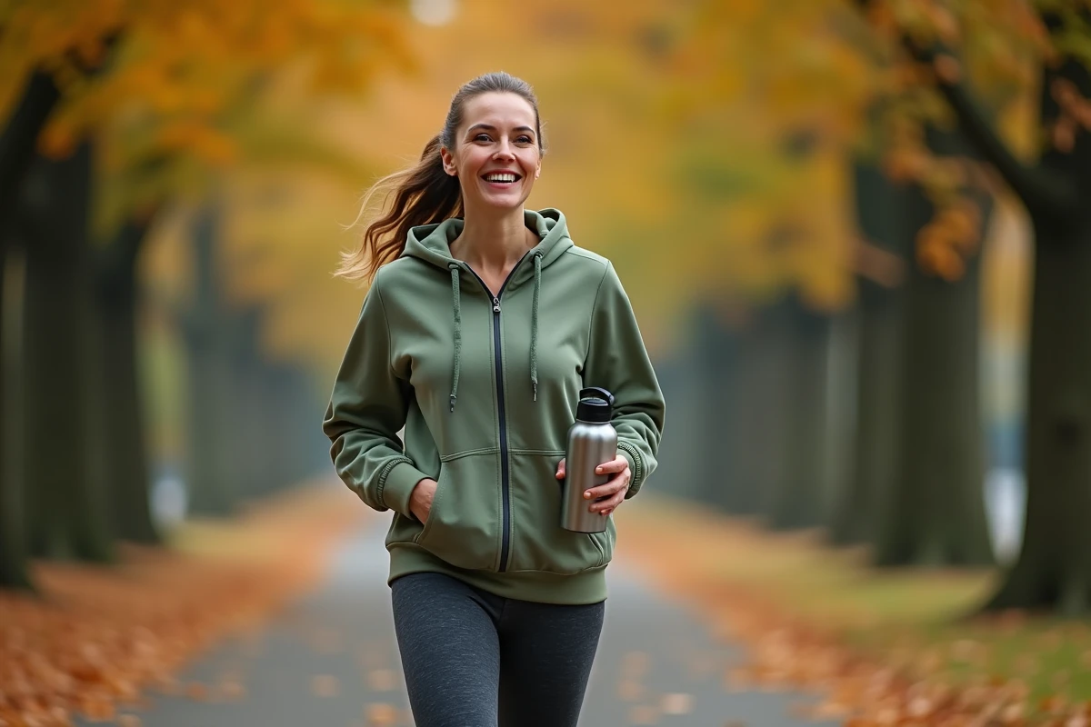 Femme marchant d'un pas vif dans un parc urbain en automne avec une bouteille d'eau réutilisable pour améliorer sa santé et son bien-être