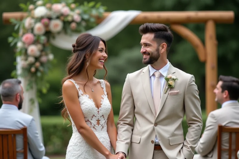 Couple de mariés souriants lors d'une cérémonie en plein air