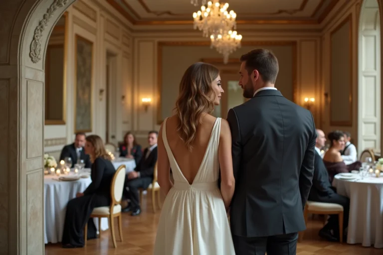 Couple élégant lors d'une réception de mariage dans un lieu parisien classique avec décoration florale blanche