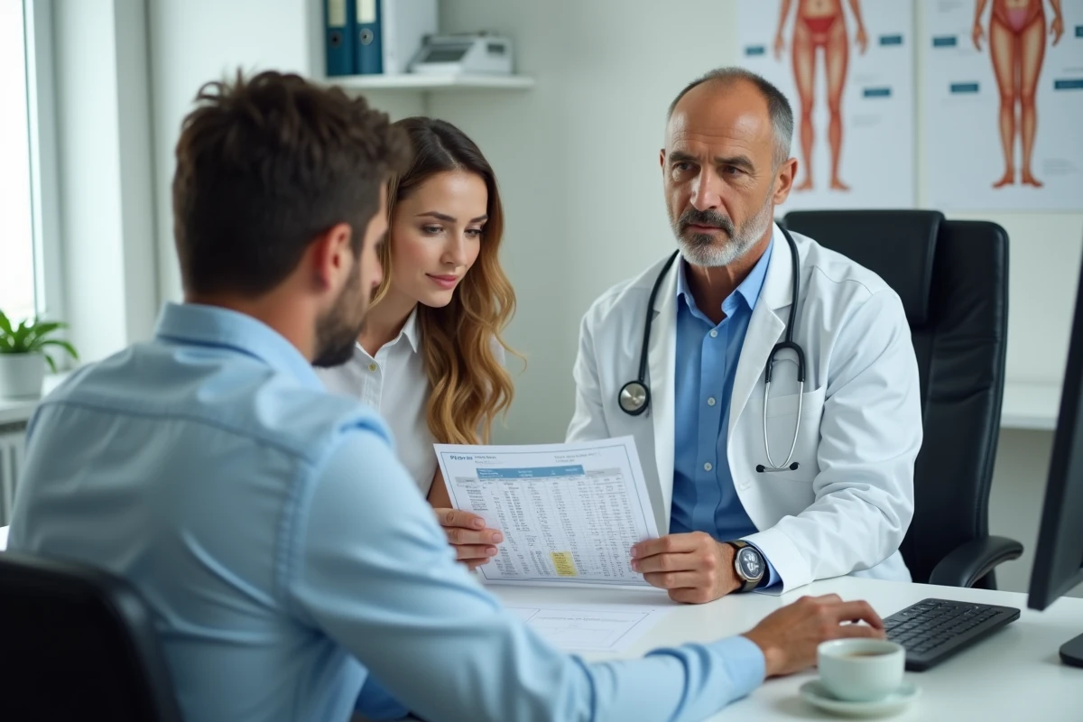 Medecin explique un graphique de grossesse a un couple dans un cabinet