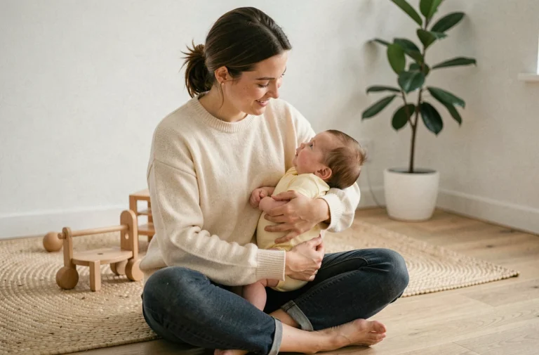 Mère tenant tendrement son bébé sur le sol d'une chambre d'enfant minimaliste pour favoriser l'éveil et le lien affectif