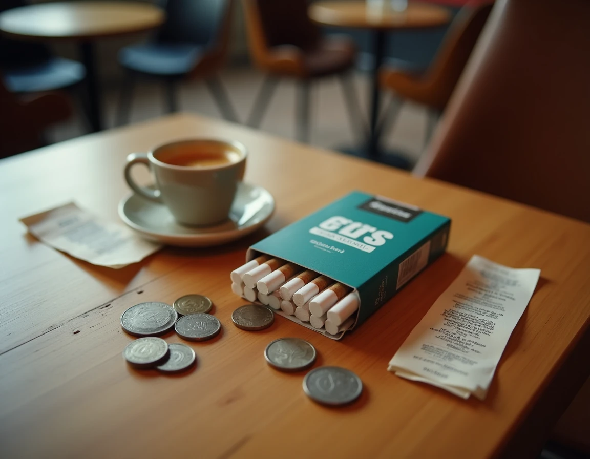 Vue de dessus d'un paquet de cigarettes suisses posé sur une table de café avec des pièces de franc suisse et un reçu froissé