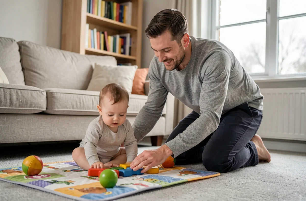 Père jouant avec son bébé sur un tapis d'éveil coloré dans un salon familial confortable