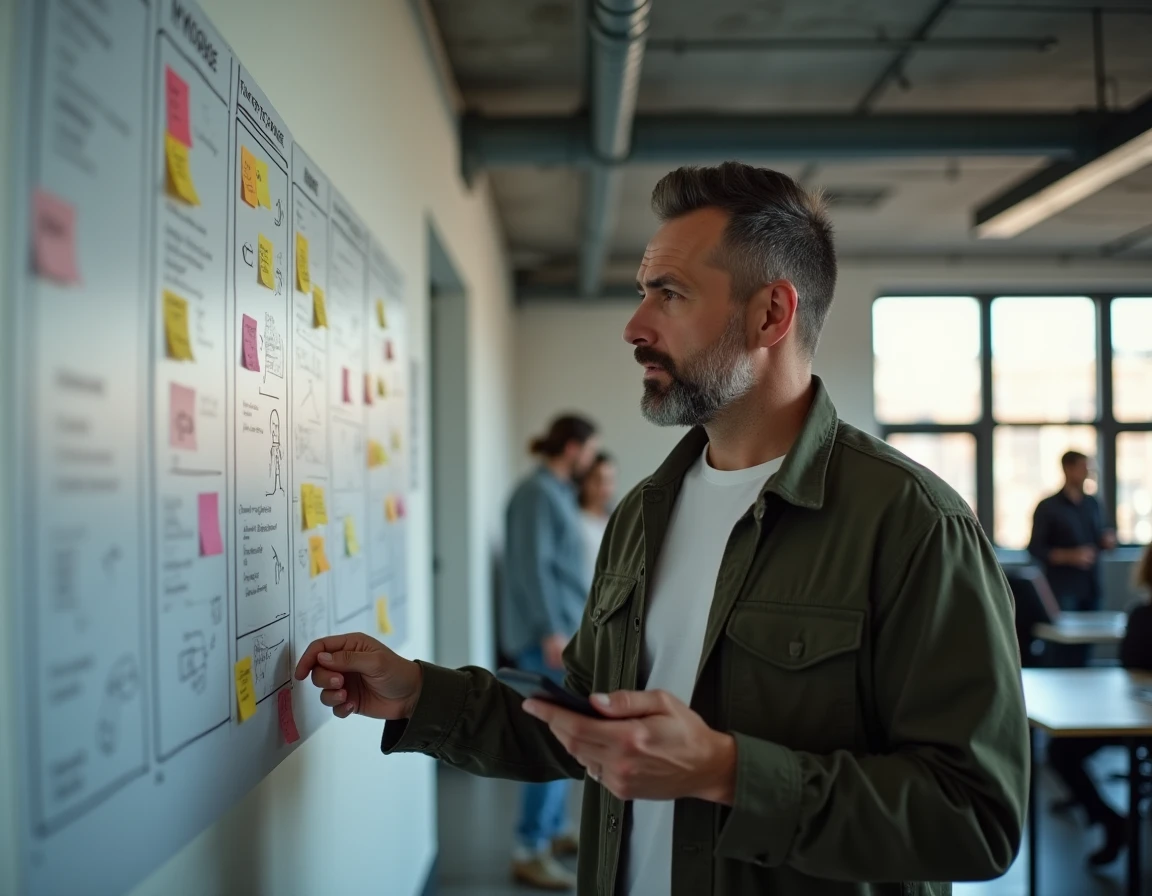Entrepreneur en phase de planification de son side project devant un tableau de gestion de projet dans un espace de coworking