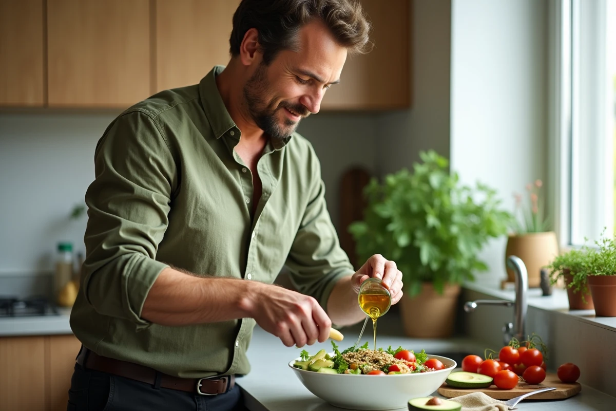 Homme préparant un bol de salade fraîche et équilibrée dans une cuisine moderne pour adopter une alimentation saine au quotidien