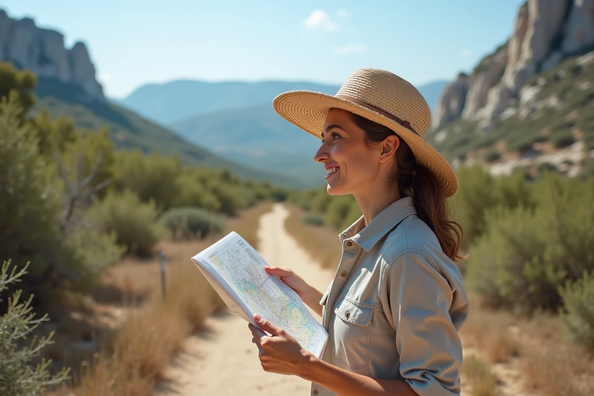 Femme randonneuse consultant une carte sur un sentier calcaire près de l'Aven d'Orgnac en Ardèche