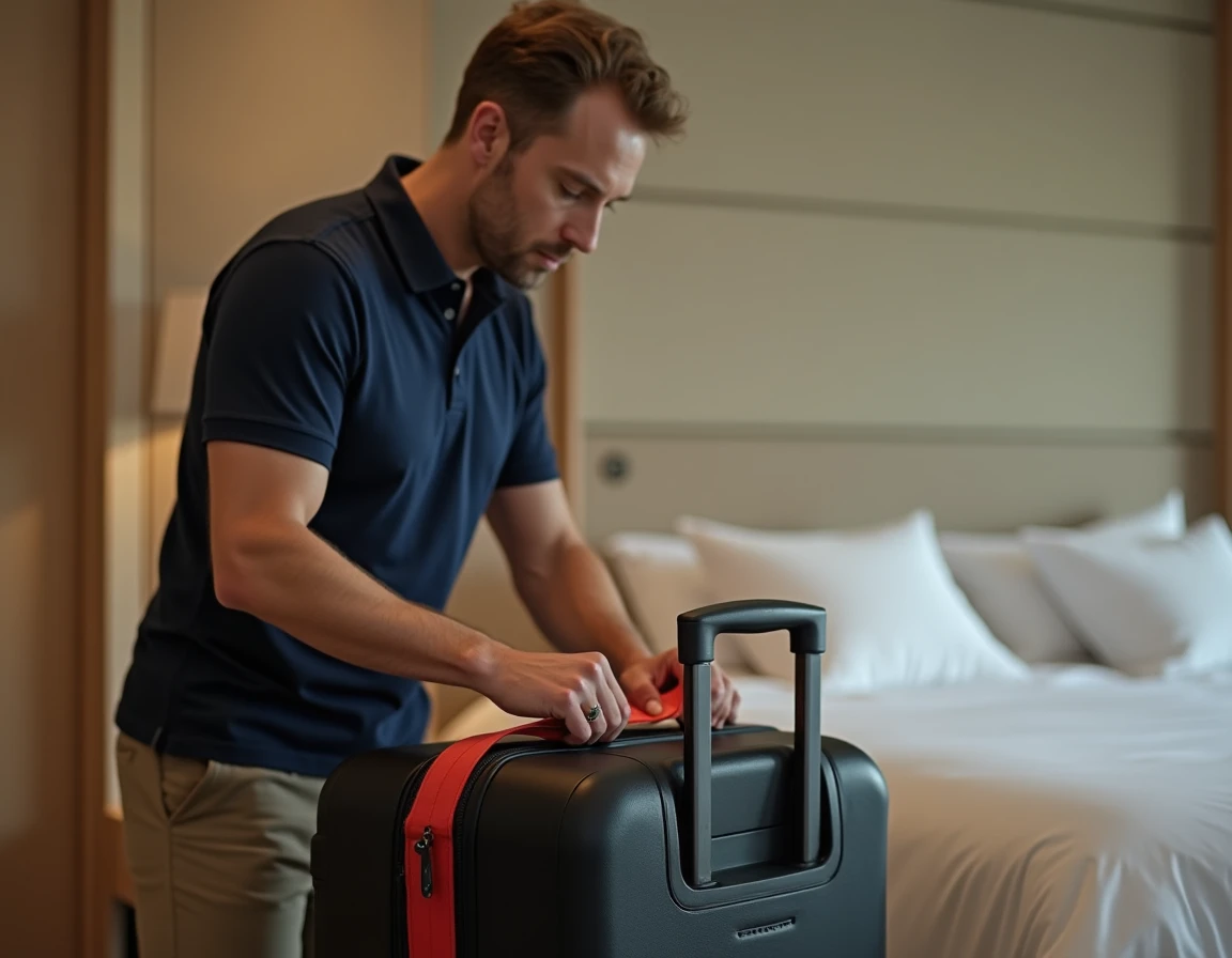 Homme en chambre d'hôtel ajustant une sangle rouge sur une valise noire avant un vol en avion