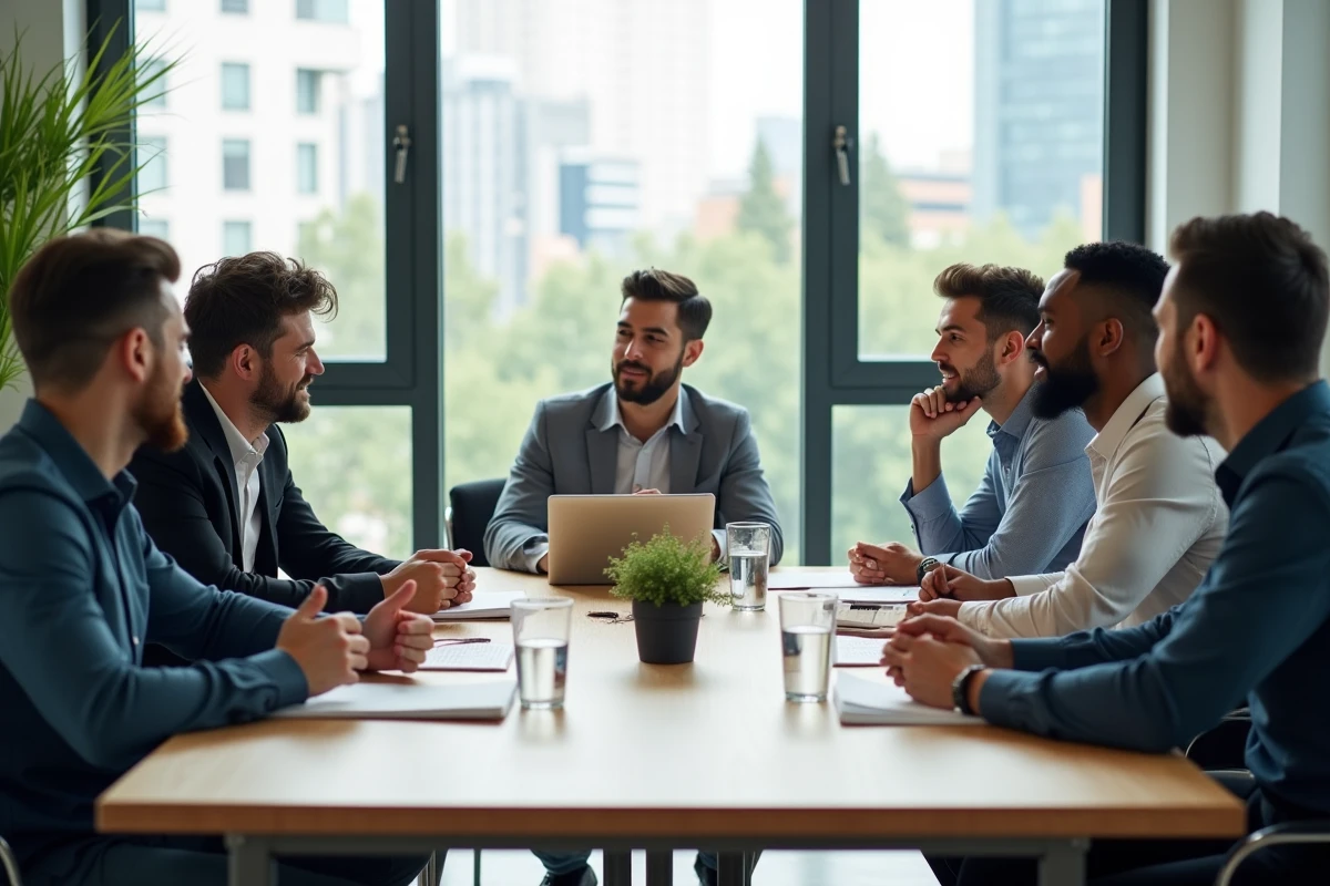 Groupe de professionnels en discussion dans un bureau moderne