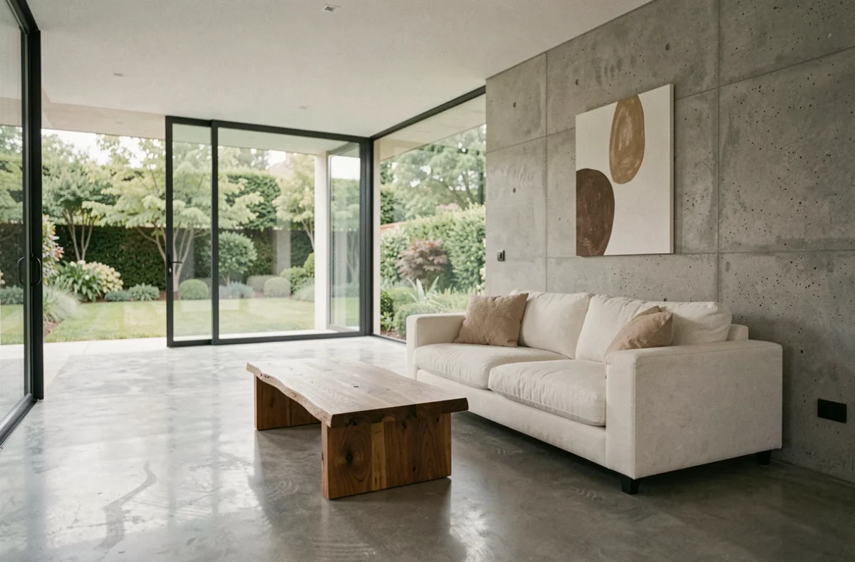 Salon moderne minimaliste avec canapé en lin blanc, table basse en chêne brut et mur en béton apparent dans une maison contemporaine