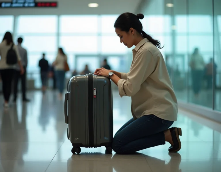 Femme fixant une sangle de valise conforme aux normes TSA dans un aéroport moderne