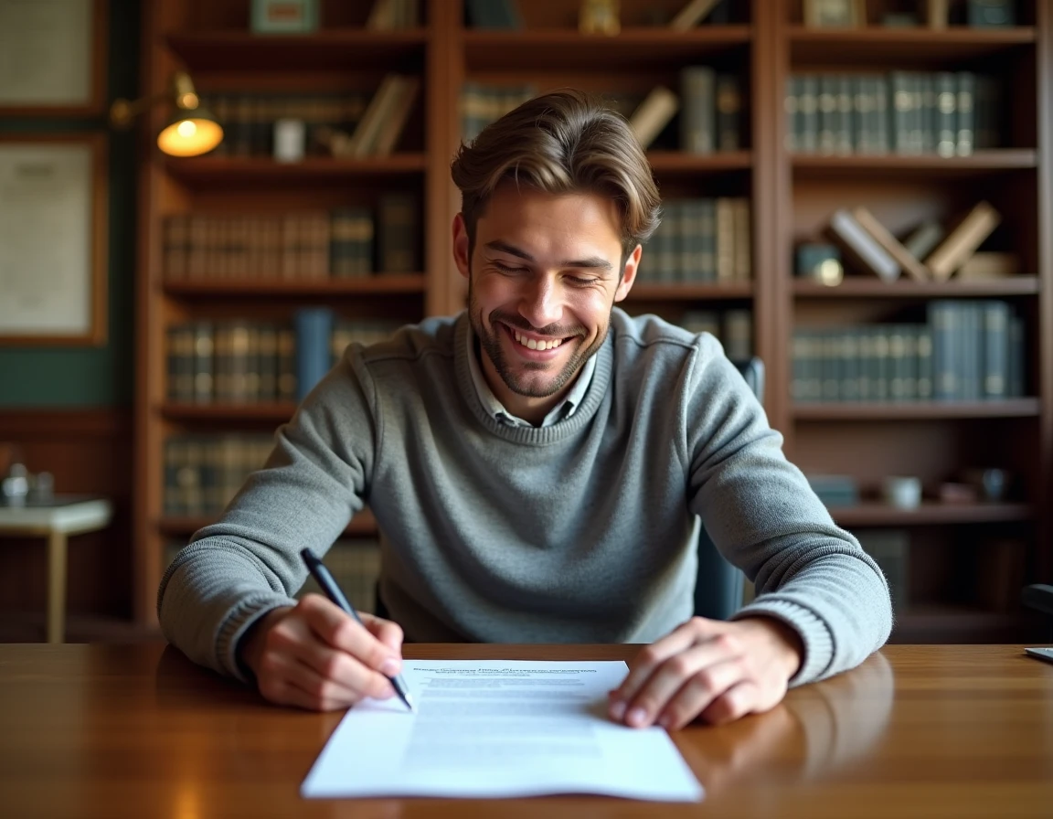 Jeune homme signant un acte de vente immobilier chez le notaire, étape clé pour devenir propriétaire