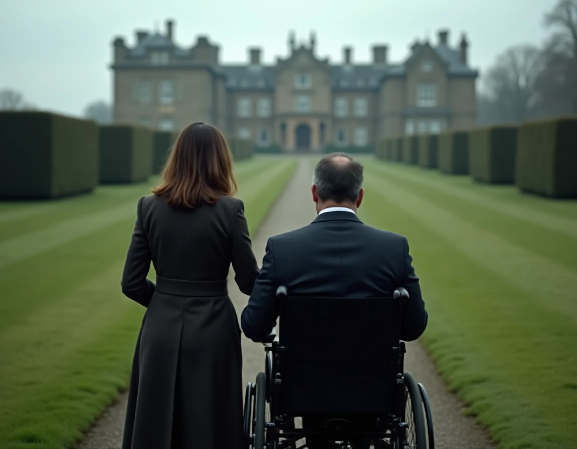 Silhouette d'un couple de dos — une femme et un homme en fauteuil roulant — contemplant un jardin anglais paisible devant un manoir en pierre, illustrant la complicité discrète entre Elaine Mason et Stephen Hawking