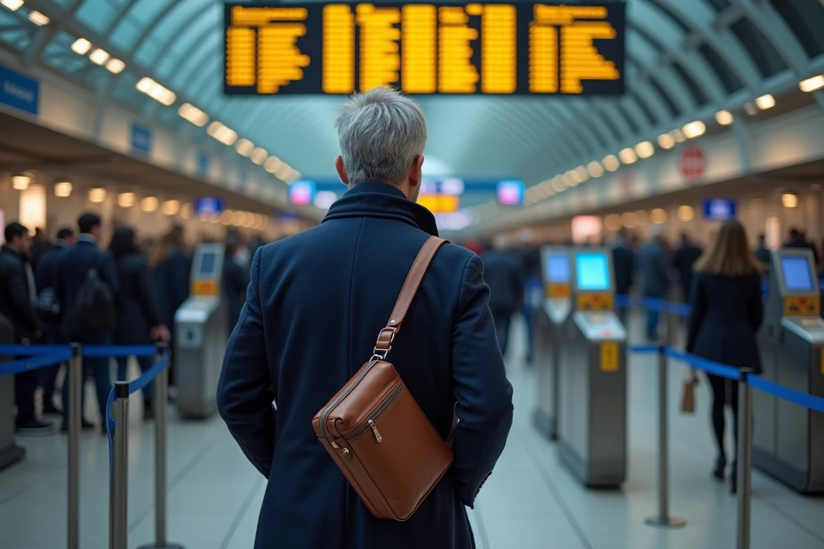 Voyageur au contrôle des passeports du terminal Eurostar à la Gare du Nord à Paris avec panneau des horaires