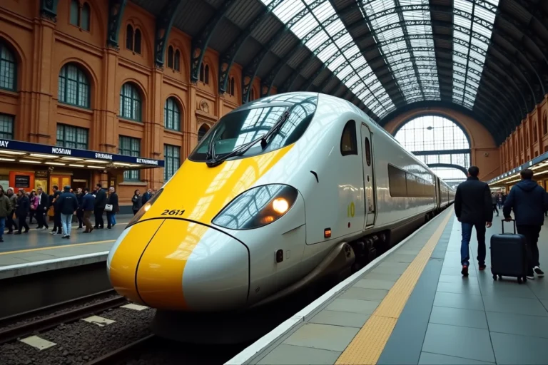 Train Eurostar à quai sous la verrière de la gare Saint-Pancras à Londres, voyageurs avec bagages sur le quai