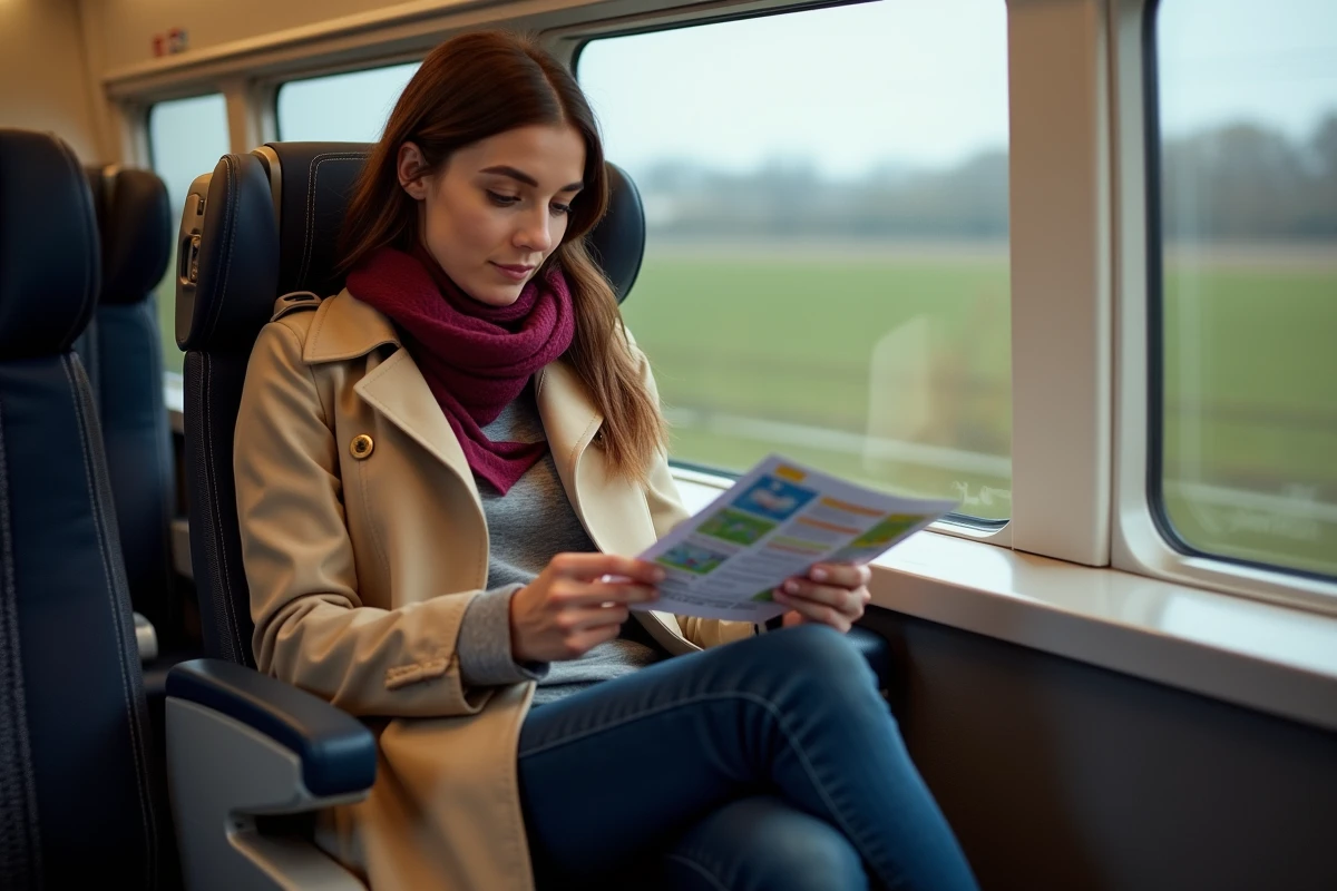Voyageuse assise en classe affaires dans un train Eurostar consultant son billet Paris-Londres